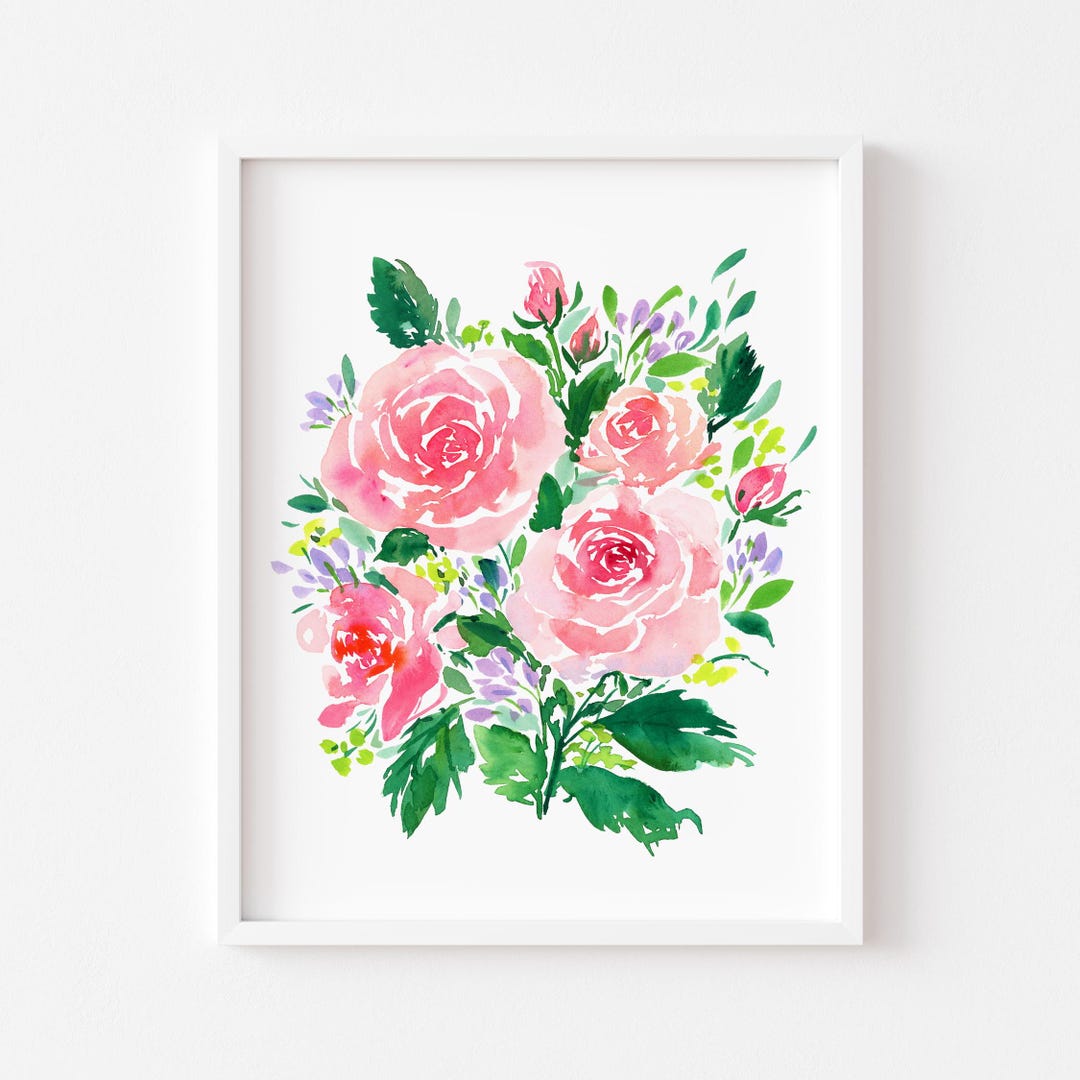 Pink Rose Bouquet Art Print – Watercolor Floral Wall Art, Rose Painting ...