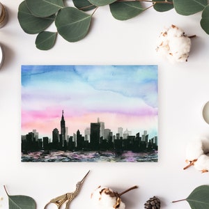 Watercolor Giclee Art Print City Above Water City skyline, Sunset, Cityscape, NYC, New York City image 5