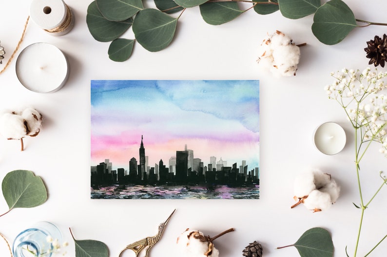 Watercolor Giclee Art Print City Above Water City skyline, Sunset, Cityscape, NYC, New York City image 5