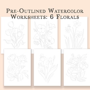 Individual Floral Watercoloring Pages. Outlined Coloring Sheets of Flowers. Learn To Paint Flowers. How To Watercolor Worksheet. Art Gift. image 2