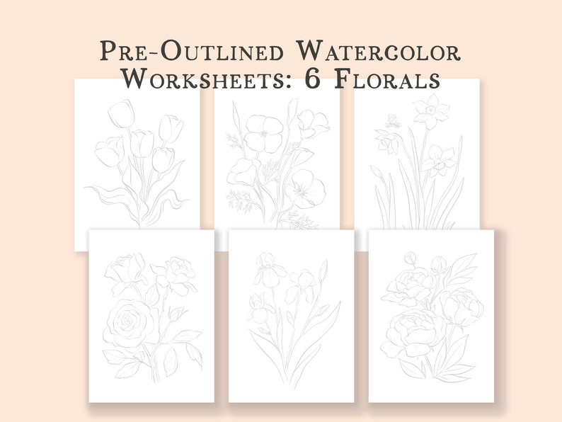 Individual Floral Watercoloring Pages. Outlined Coloring Sheets of Flowers. Learn To Paint Flowers. How To Watercolor Worksheet. Art Gift. image 2