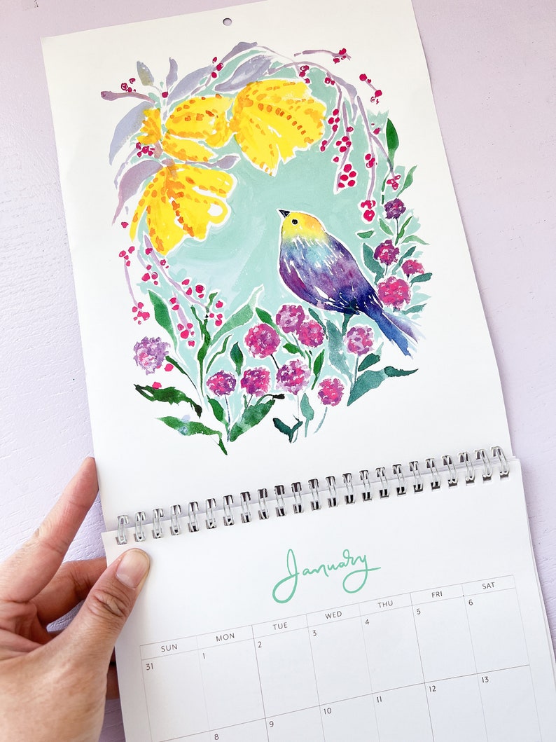 2024 Flowers & Feathers Wall Calendar. Wall calendar. Bird calendar. Flora Fauna. Flower art. Floral calendar. Gift for her. Art calendar image 6