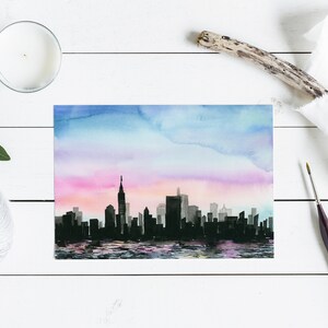 Watercolor Giclee Art Print City Above Water City skyline, Sunset, Cityscape, NYC, New York City image 3
