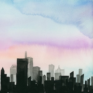 Watercolor Giclee Art Print City Above Water City skyline, Sunset, Cityscape, NYC, New York City image 2