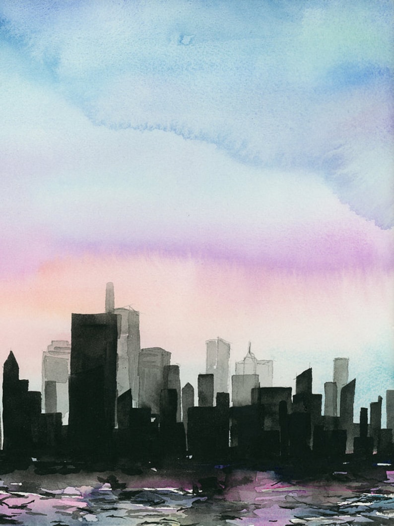 Watercolor Giclee Art Print City Above Water City skyline, Sunset, Cityscape, NYC, New York City image 2