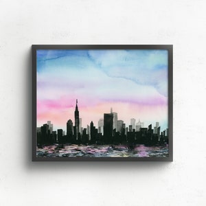 Watercolor Giclee Art Print City Above Water City skyline, Sunset, Cityscape, NYC, New York City image 7