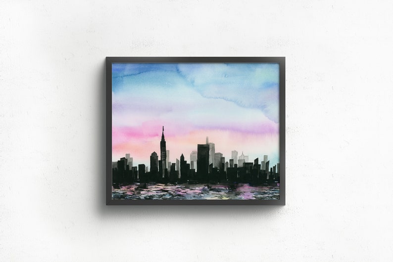 Watercolor Giclee Art Print City Above Water City skyline, Sunset, Cityscape, NYC, New York City image 7