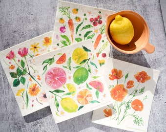 4-Pack Swedish Dishcloth. Floral & Botanical Design. Reusable Paper Towel. Eco-Friendly Kitchen Towel. Washable, Compostable Sponge Cloth.