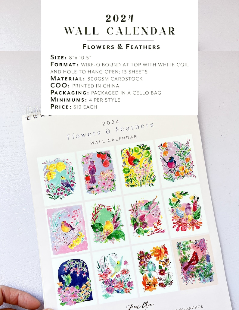 2024 Flowers & Feathers Wall Calendar. Wall calendar. Bird calendar. Flora Fauna. Flower art. Floral calendar. Gift for her. Art calendar image 7