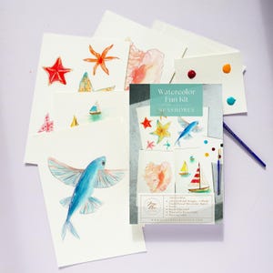 Watercolor Seashores Painting Kit for Beginners - Painting Set with Pre-Outlined Pages, Sea Life, Starfish, Conch Shell, Sailboats, Coastal