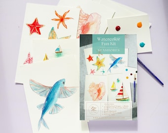 Watercolor Seashores Painting Kit for Beginners - Painting Set with Pre-Outlined Pages, Sea Life, Starfish, Conch Shell, Sailboats, Coastal