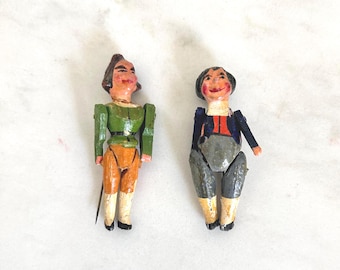 Antique German Erzgebirge Max & Moritz Wooden Peg Dolls with Original Mounting Pins (2" Pair)