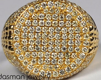 Mens Diamond Pinky Ring 14K Yellow Gold -  Custom Round Signet Ring for Men - Genuine Diamond Hip Hop Luxury Jewelry Gift