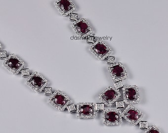 Womens Natural Ruby Diamond Lariat Necklace in Solid 18K White Gold - Y Shaped Gemstone High End  Necklace