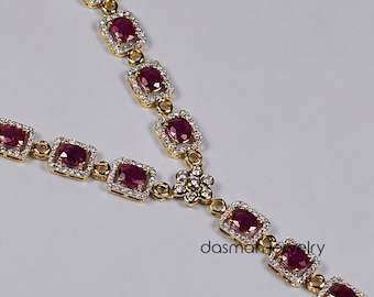 Womens Natural Ruby Diamond Y Shaped Necklace - Solid 18K Yellow Gold - Red Gemstone Lariat Necklace - Luxury High End Jewelry