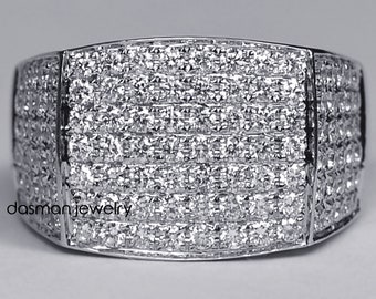 Mens Genuine Diamond Signet Pinky Ring - Solid 14K White Gold Heavy Ring for Men - Luxury Jewelry Gift for Him