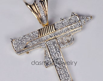 Solid 14K Yellow Gold Diamond UZI Gun Pendant for Men / Pistol Weapon Jewelry Pendant / Military Bullet Pendant / Custom Hip Hop Jewelry
