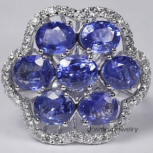 Womens Genuine Tanzanite Gemstone Diamond Ring - Solid 14K White Gold Blue Stone Flower Ring for Women - Natural December Birthstone Jewelry