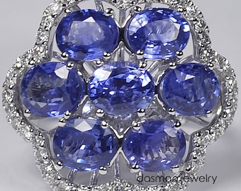 Womens Genuine Tanzanite Gemstone Diamond Ring - Solid 14K White Gold Blue Stone Flower Ring for Women - Natural December Birthstone Jewelry