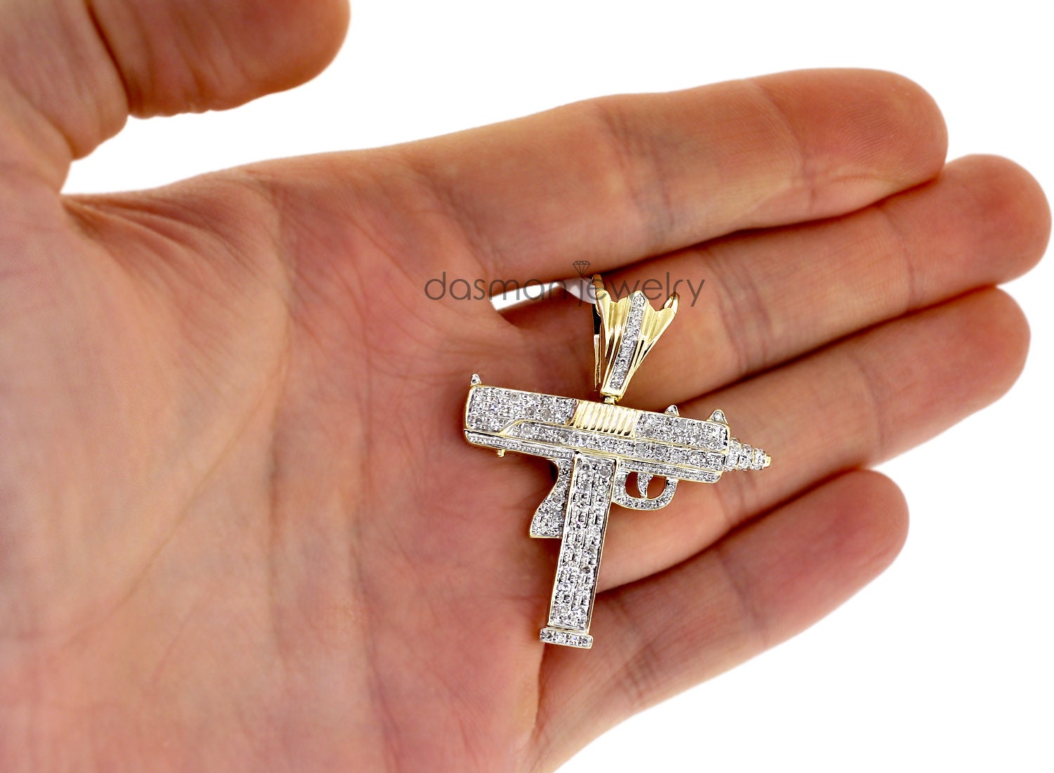 Solid 14K Yellow Gold Diamond UZI Gun Pendant for Men Pistol