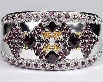 Genuine Garnet Gemstone Open Cuff Wide Bangle Bracelet Sterling Silver Womens, Custom Statement January Birthstone Jewelry