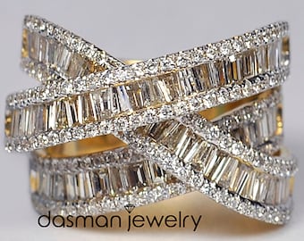 Genuine Baguette Diamond Highway Ring for Women - Available in 18K Yellow, Rose, White Gold - Fancy Multi Layer Unique Custom Jewelry