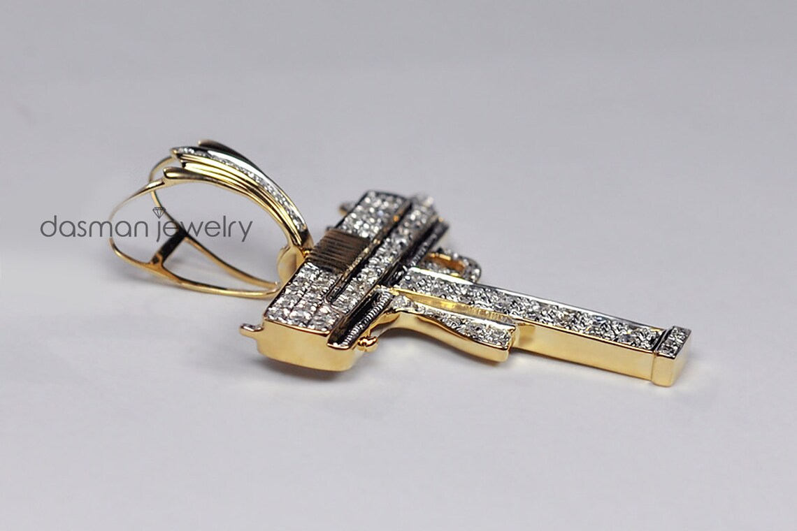 Solid 14K Yellow Gold Diamond UZI Gun Pendant for Men / Pistol Etsy