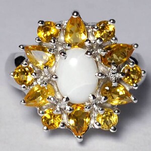 Opal Citrine Vintage Cocktail Flower Ring Sterling Silver Womens, Natural October November Birthstone Jewelry, mother gift for her