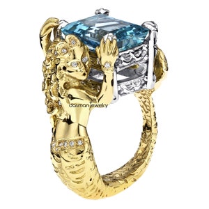 GIA Certified Natural Aquamarine Diamond Mermaid Ring in 18K Yellow Gold & Platinum - One of a Kind Unique Handmade Designer High Jewelry