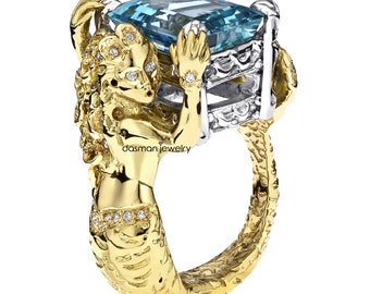 GIA Certified Natural Aquamarine Diamond Mermaid Ring in 18K Yellow Gold & Platinum - One of a Kind Unique Handmade Designer High Jewelry