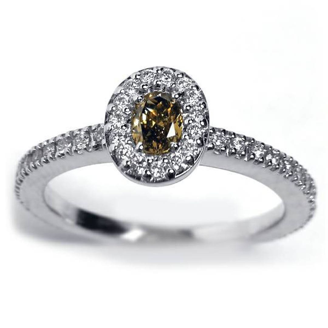 Natural Oval Brown Diamond Halo Solitaire Ring 18K White Gold
