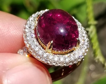 Natural Pink Tourmaline Diamond Cocktail Women Ring in Solid 18K Yellow Gold, One of a Kind Gemstone Cabochon Jewelry, October Birthstone