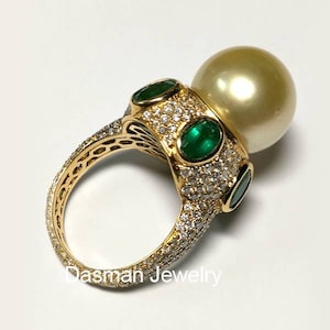 Pearl Emerald Diamond Vintage Cocktail Ring Solid 18K Yellow Gold, Natural Gemstone Ring for Women, Antique Art Deco Jewelry