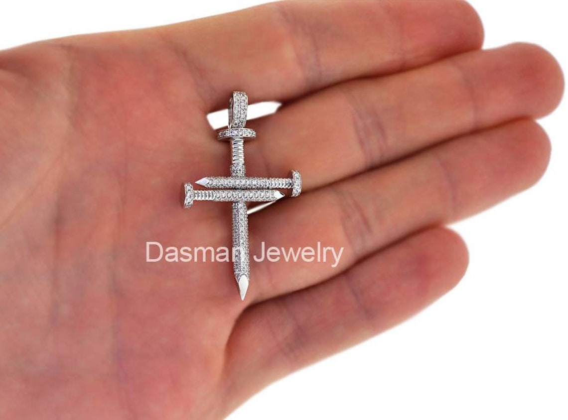 Diamond Nail Cross Pendant Necklace Solid 14K 18K Gold Mens Womens