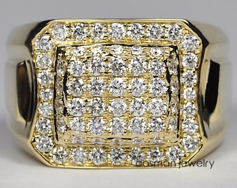 Mens Genuine Diamond Square Pinky Ring - Solid 14K Yellow Gold Heavy Signet Ring for Men - Luxury Jewelry Gift for Him