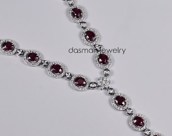 Womens Natural Ruby Diamond Lariat Necklace - Solid 18K White Gold - Y Shaped Red Gemstone Necklace - High End Jewelry
