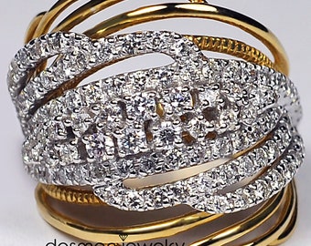Womens Genuine Diamond Ring 18K Two Tone Gold - Multi Layer Twist Highway Ring for Women - Unique Custom Made Luxury Jewelry Gift