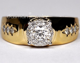 Mens Diamond Pinky Signet Solitaire Ring Solid 14K Yellow Gold, Unique Custom Cool Natural Jewelry for Men