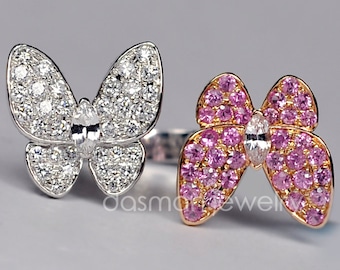 Diamond Pink Sapphire Ring for Women / Open Cuff Butterfly Ring / Solid 18K Two Tone Gold Ring / Nature Inspired Natural Gemstone Jewelry