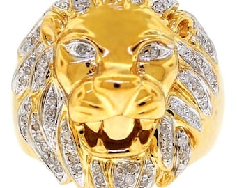 Mens Diamond Lion Head Animal Ring / Solid 10K 14K 18K Yellow Gold Signet Pinky Ring for Men / Natural Diamond Jewelry