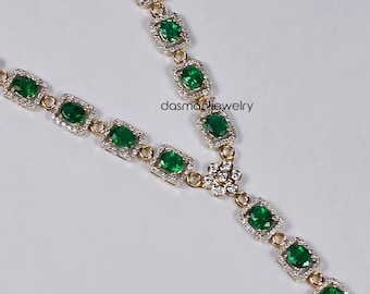 Womens Natural Emerald Diamond Lariat Necklace - Solid 18K Yellow Gold - Green Gemstone Y Shaped Necklace - Custom Jewelry