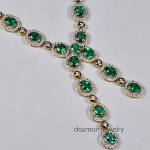 Womens Natural Emerald Diamond Y Shaped Necklace - Solid 18K Yellow Gold - Green Gemstone Lariat Necklace - Luxury High End Jewelry