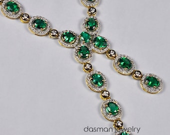 Womens Natural Emerald Diamond Y Shaped Necklace - Solid 18K Yellow Gold - Green Gemstone Lariat Necklace - Luxury High End Jewelry