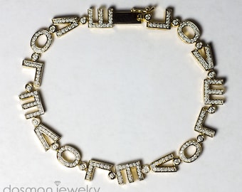 Women Diamond I Love You Tennis Bracelet, Solid 14K 18K Yellow Gold Link Bridesmaid Jewelry, Anniversary Gift For Her