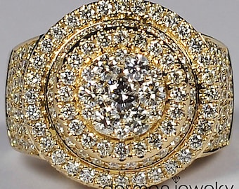 Mens Diamond Cluster Round Ring Solid 14K Yellow Gold - Genuine Diamond Heavy Pinky Ring for Men - Luxury Custom Made Hip Hop Jewelry Gift