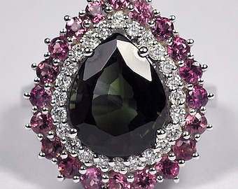 Natural Green Pear Tourmaline Sapphire Diamond Ring - 18K White Gold Gemstone Cocktail Ring for Women - Custom Luxury Jewelry Gift