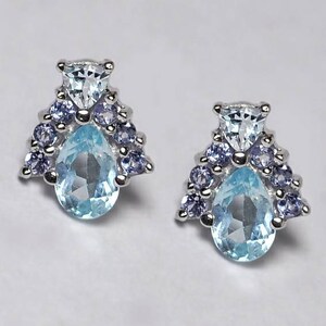 Natural Blue Topaz Tanzanite Stud Boucles d’oreilles Bijoux, Femmes Sterling Silver Flower Studs, Décembre Birthstone Colorful Gemstone, cadeau mère