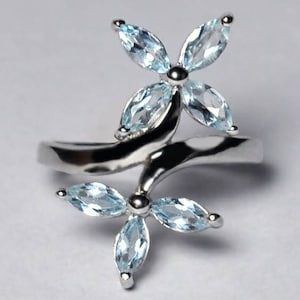 Blue Topaz Flower Bypass Womens Ring 925 Sterling Silver, Natural Gemstone Marquise Stone Jewelry, December Birthstone
