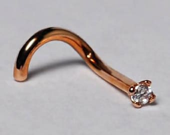 14K Rose Pink Gold Tiny Small Thin Nose Stud Ring, Solid Gold Body Piercing Jewelry