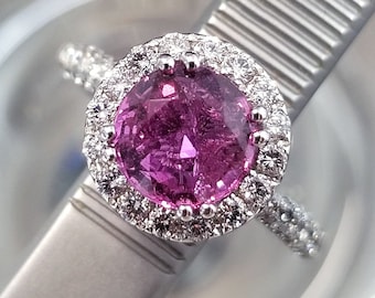 GIA Natural Pink Sapphire Diamond Halo Women Engagement Ring in Solid 18K White Gold - Purple Gemstone Anniversary Jewelry Gift